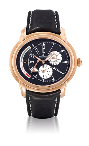 AUDEMARS PIGUET, DUAL TIME MILLENARY MASERATI.PINK GOLD AUTOMATIC DUAL-TIME WRISTWATCH WITH DAY/NIGHT AND POWER-RESERVE INDICATION, LIMITED EDITION OF 450 MADE TO COMMEMORATE THE 90TH ANNIVERSARY OF MASERATI