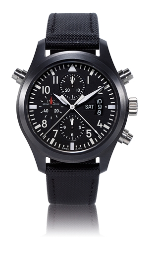 IWC, FLIEGERUHR, DOUBLE CHRONOGRAPH.BLACK CERAMIC AUTOMATIC PILOT'S SPLIT SECONDS CHRONOGRAPH WRISTWATCH WITH DAY AND DATE DISPLAY, LIMITED EDITION OF 1000