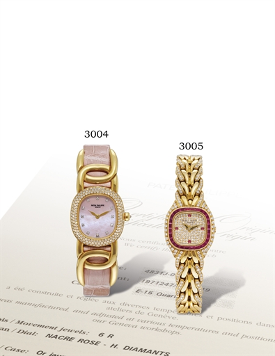 PATEK PHILIPPE, REF. 4806/11.LADY'S YELLOW GOLD, DIAMOND AND RUBY-SET QUARTZ BRACELET WATCH