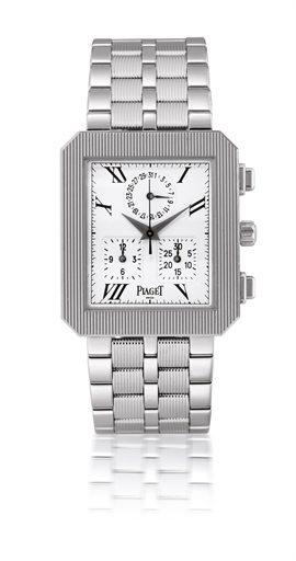 PIAGET, PROTOCOLE CHRONOGRAPH.WHITE GOLD QUARTZ CHRONOGRAPH BRACELET WATCH WITH DATE DISPLAY