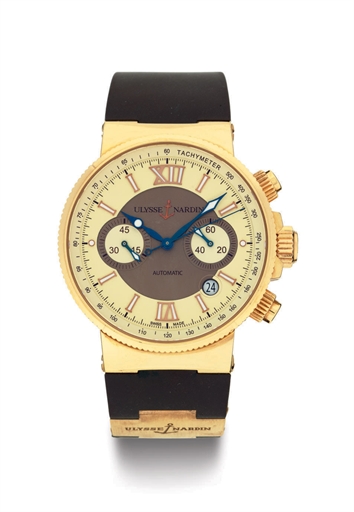 ULYSSE NARDIN. AN 18K PINK GOLD AUTOMATIC CHRONOGRAPH WRISTWATCH WITH DATE AND BRACELET