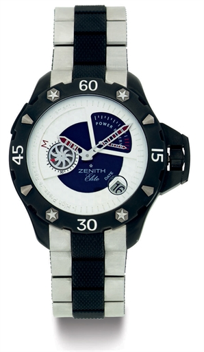 ZENITH. A BLACK TITANIUM AUTOMATIC WRISTWATCH WITH DATE AND POWER RESERVE