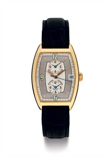 FRANCK MULLER. AN 18K GOLD AUTOMATIC TRIPLE TIME ZONE WRISTWATCH WITH DATE AND CENTER SECONDS
