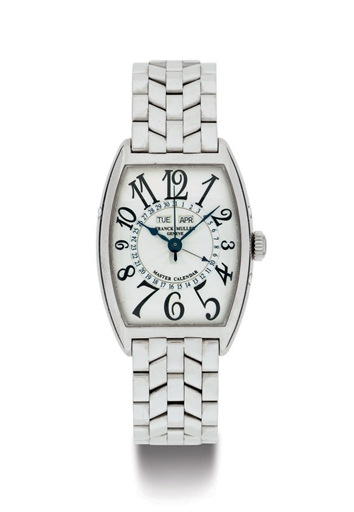 FRANCK MULLER. AN 18K WHITE GOLD AUTOMATIC TRIPLE CALENDAR WRISTWATCH WITH CENTER SECONDS AND BRACELET