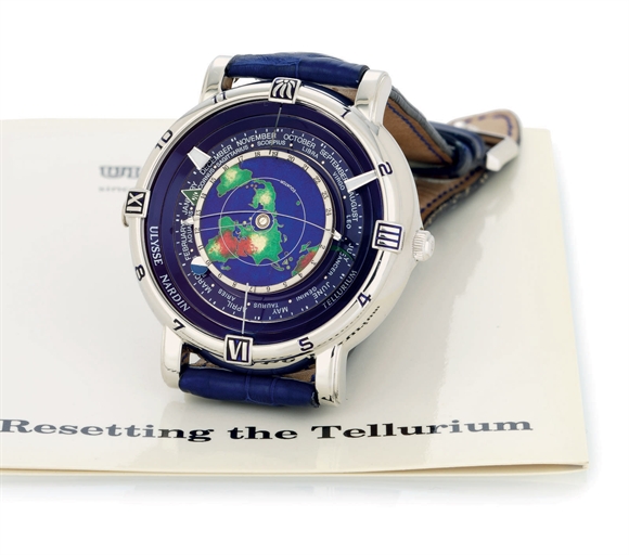 ULYSSE NARDIN. A FINE AND RARE LIMITED EDITION PLATINUM AUTOMATIC DUAL TIME ASTRONOMICAL WRISTWATCH