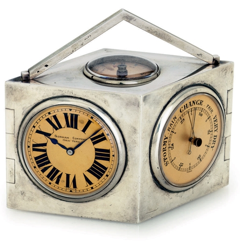 REGNIER. A SILVER QUADRILATERAL DESK COMPENDIUM WITH TIMEPIECE, BAROMETER, THERMOMETERS, CALENDAR AND COMPASS