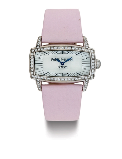 PATEK PHILIPPE. A LADY'S 18K WHITE GOLD, DIAMOND AND MOTHER-OF-PEARL WRISTWATCH