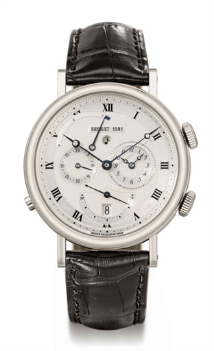 Breguet. A large 18K white gold automatic dual time wristwatch with alarm, date and power reserve