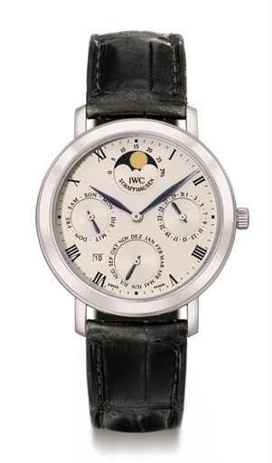 IWC. A fine, slim and rare platinum perpetual calendar wristwatch with moon phases and year display