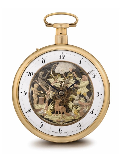 Meuron. A fine and unusual 18K pink gold skeletonized openface quarter repeating cylinder watch with varicoloured gold three jaquemarts automaton