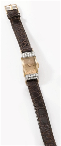 Patek Philippe. A lady's elegant 18K pink gold and diamond-set rectangular curved wristwatch with hooded lugs and rose dial