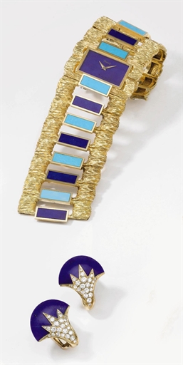 Piaget. A highly unusual 18 gold, lapis lazuli and turquoise bracelet watch with matching 18K gold, lapis lazuli and diamond-set earclips