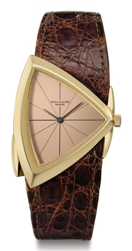 Patek Philippe. An extremely fine and rare 18K gold asymmetrical wristwatch with rose-coloured dial, designed by Gilbert Albert