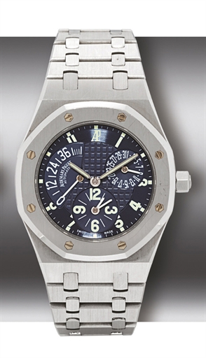 AUDEMARS PIGUET, ROYAL OAK.STAINLESS STEEL AUTOMATIC DUAL TIME BRACELET WATCH WITH DATE DISPLAY AND POWER RESERVE INDICATION