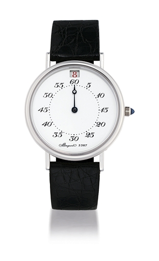 BREGUET.RARE PLATINUM AUTOMATIC JUMP HOUR WRISTWATCH WITH ENAMEL DIAL, LIMITED EDITION OF 400