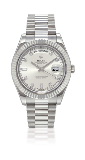 ROLEX, DAY-DATE, REF. 218239.LARGE WHITE GOLD AUTOMATIC WRISTWATCH WITH DAY, DATE, DIAMOND-SET MARKERS AND BRACELET