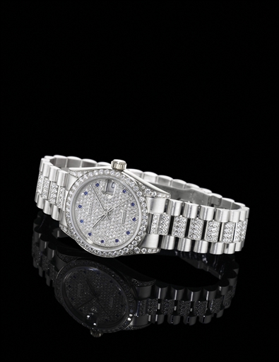 ROLEX, DATEJUST, REF. 68159.WHITE GOLD, DIAMOND AND SAPPHIRE AUTOMATIC WRISTWATCH WITH DATE AND BRACELET