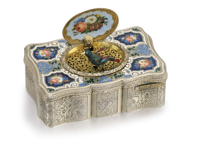 CHARLES BRUGUIER.GILT SILVER AND ENAMEL SINGING BIRD BOX