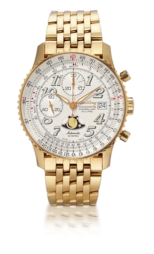 BREITLING, MONTBRILLANT ECLIPSE.YELLOW GOLD AUTOMATIC CHRONOGRAPH WRISTWATCH WITH MOON PHASES, DATE AND BRACELET