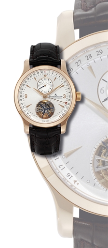 JAEGER-LECOULTRE, REGULATEUR A TOURBILLON.LARGE PINK GOLD AUTOMATIC ONE MINUTE TOURBILLON DUAL TIME ZONE WRISTWATCH WITH DATE