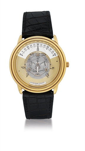 AUDEMARS PIGUET, STAR WHEEL AUTOMATIC.YELLOW GOLD AUTOMATIC WANDERING HOUR WRISTWATCH