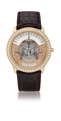 AUDEMARS PIGUET, STAR WHEEL AUTOMATIC.PINK GOLD AND DIAMOND-SET AUTOMATIC WANDERING HOUR WRISTWATCH, LIMITED EDITION OF 5