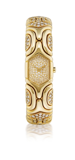 BULGARI, ALVEARE.LADY'S YELLOW GOLD AND DIAMOND-SET QUARTZ BANGLE-WATCH