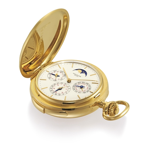 PATEK PHILIPPE, REF. 881.AN IMPORTANT YELLOW GOLD, HUNTING CASE PERPETUAL CALENDAR, MINUTE REPEATING KEYLESS LEVER POCKET WATCH WITH MOONPHASES