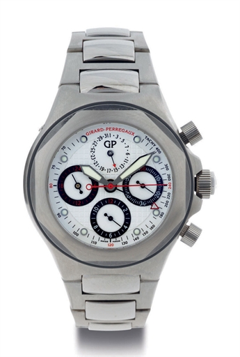 GIRARD-PERREGAUX. A FINE OVERSIZED STAINLESS STEEL AUTOMATIC CHRONOGRAPH WRISTWATCH WITH WITH DATE AND BRACELET