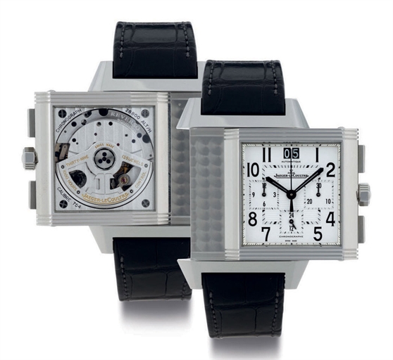 JAEGER-LECOULTRE. A LARGE STAINLESS STEEL AUTOMATIC CHRONOGRAPH REVERSO WRISTWATCH WITH DATE AND 24 HOUR INDICATION