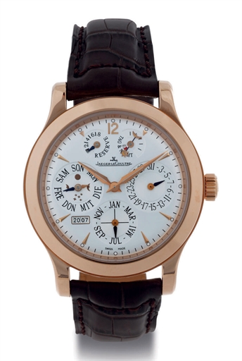 JAEGER-LECOULTRE. AN 18K PINK GOLD 8-DAY PERPETUAL CALENDAR WRISTWATCH WITH POWER RESERVE, NIGHT AND DAY AND MOON PHASES