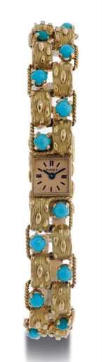PIAGET. A LADY'S 18K GOLD AND TURQUOISE SQUARE BRACELET WATCH