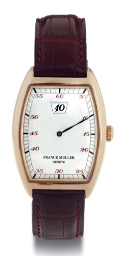 FRANCK MULLER. AN 18K PINK GOLD TONNEAU JUMP HOUR WRISTWATCH