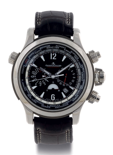 JAEGER-LECOULTRE. AN OVERSIZED STAINLESS STEEL AUTOMATIC WORLD TIME CHRONOGRAPH WRISTWATCH WITH DATE DISPLAY