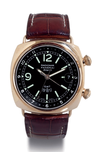 PANERAI. A LIMITED EDITION 18K PINK GOLD AUTOMATIC CUSHION DIVER'S WRISTWATCH WITH DATE, GMT AND ALARM