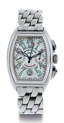 FRANCK MULLER. A FINE 18K WHITE GOLD AUTOMATIC CHRONOGRAPH WRISTWATCH WITH DATE AND BRACELET