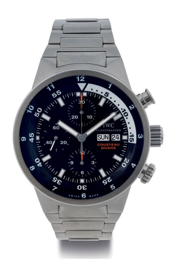 IWC. A LIMITED EDITION STAINLESS STEEL CHRONOGRAPH WRISTWATCH WITH DAY, DATE AND BRACELET