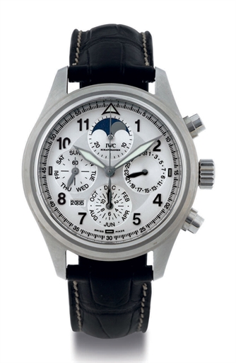 IWC. A FINE LIMITED EDITION OVERSIZED STAINLESS STEEL AUTOMATIC DUAL TIME PERPETUAL CALENDAR CHRONOGRAPH WRISTWATCH WITH MOON PHASES