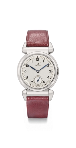 Omega. A rare and unusual stainless steel Art Deco wristwatch with two-tone silvered dial and flexible lugs