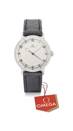 Omega. A stainless steel wristwatch with sweep centre seconds, two-tone silvered dial and original tag