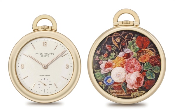 Patek Philippe. A fine and possibly unique 18K gold and enamel openface keyless lever watch with enamel miniature Basket of Flowers after Rachel Ruysch