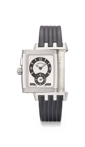 Jaeger-LeCoultre. A stainless steel rectangular double-dialled dual time reverso wristwatch with date