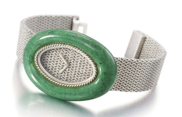 Audemars Piguet. An unusual 18K white gold and jadeite oval wristwatch with bracelet
