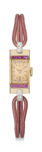 Patek Philippe. A lady's fine and unusual 18K pink gold, diamond and ruby-set rectangular wristwatch with hooded lugs and rose dial