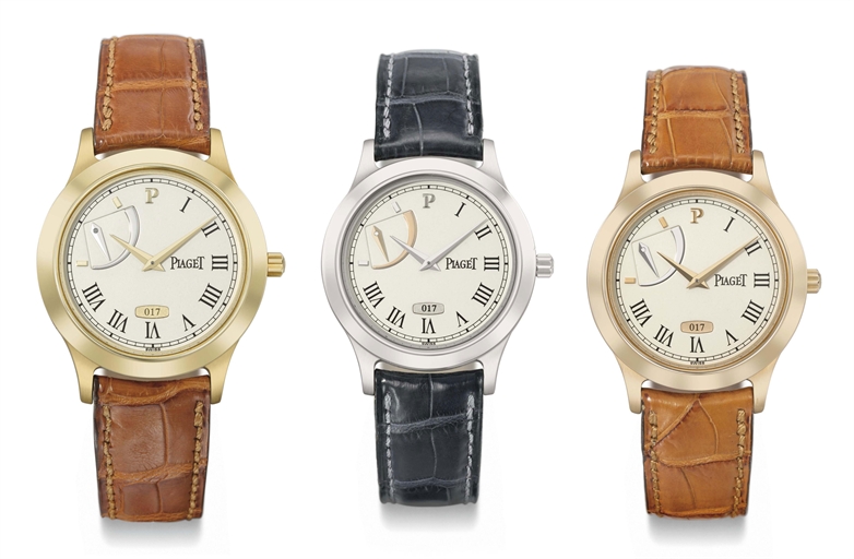 Piaget. A lot of one platinum, one 18K pink gold and one 18K yellow gold limited edition wristwatches with power reserve