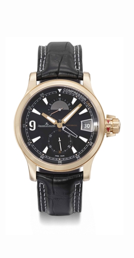 Jaeger-LeCoultre. A large 18k pink gold limited edition automatic dual time wristwatch with date and black dial