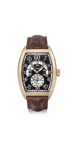 FRANCK MULLER. A LARGE 18K PINK GOLD TONNEAU-SHAPED CURVED AUTOMATIC DOUBLE RETROGRADE HOUR WRISTWATCH WITH DAY AND NIGHT INDICATION