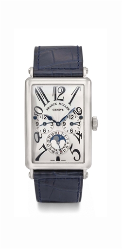 FRANCK MULLER. A LAGE 18K WHITE GOLD RECTANGULAR CURVED AUTOMATIC TRIPLE TIME ZONE WRISTWATCH WITH DATE AND MOON PHASES