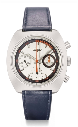 Longines. A stainless steel cushion-shaped chronograph wristwatch