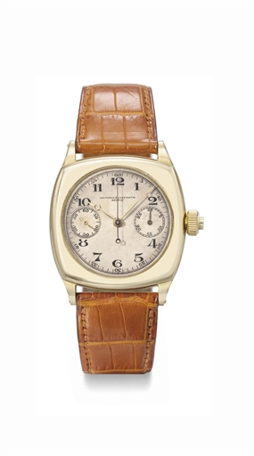 Vacheron Constantin. A very fine and rare 18K gold cushion-shaped single button chronograph wristwatch